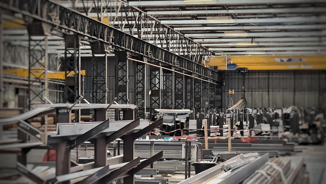 Steel beams and metal framing structure on a construction site