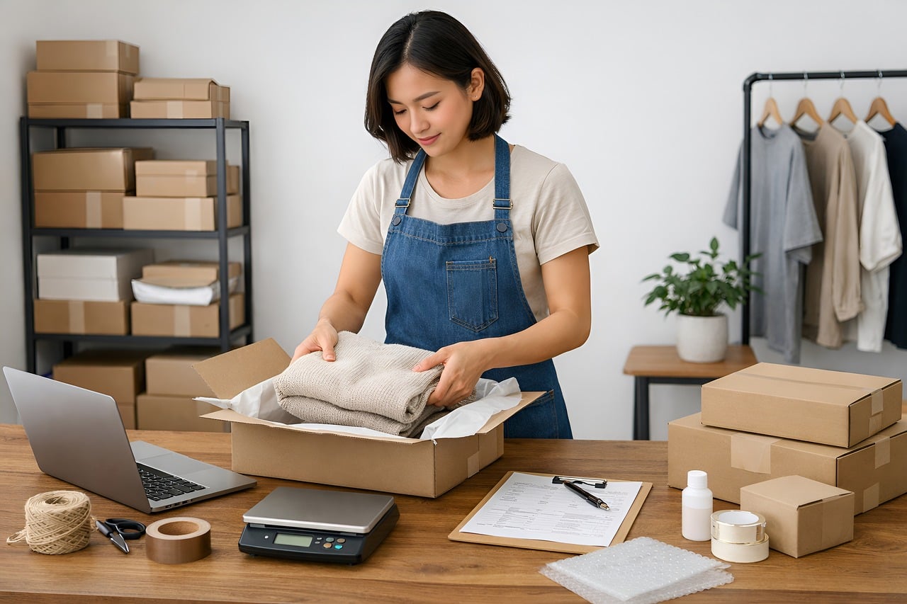 A small business owner packing an order at a desk in a home workspace