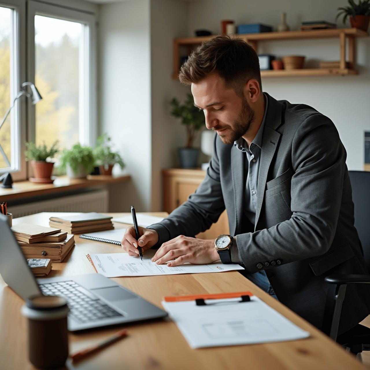A person's hand signing and reviewing a business document and contract at a desk with a laptop
